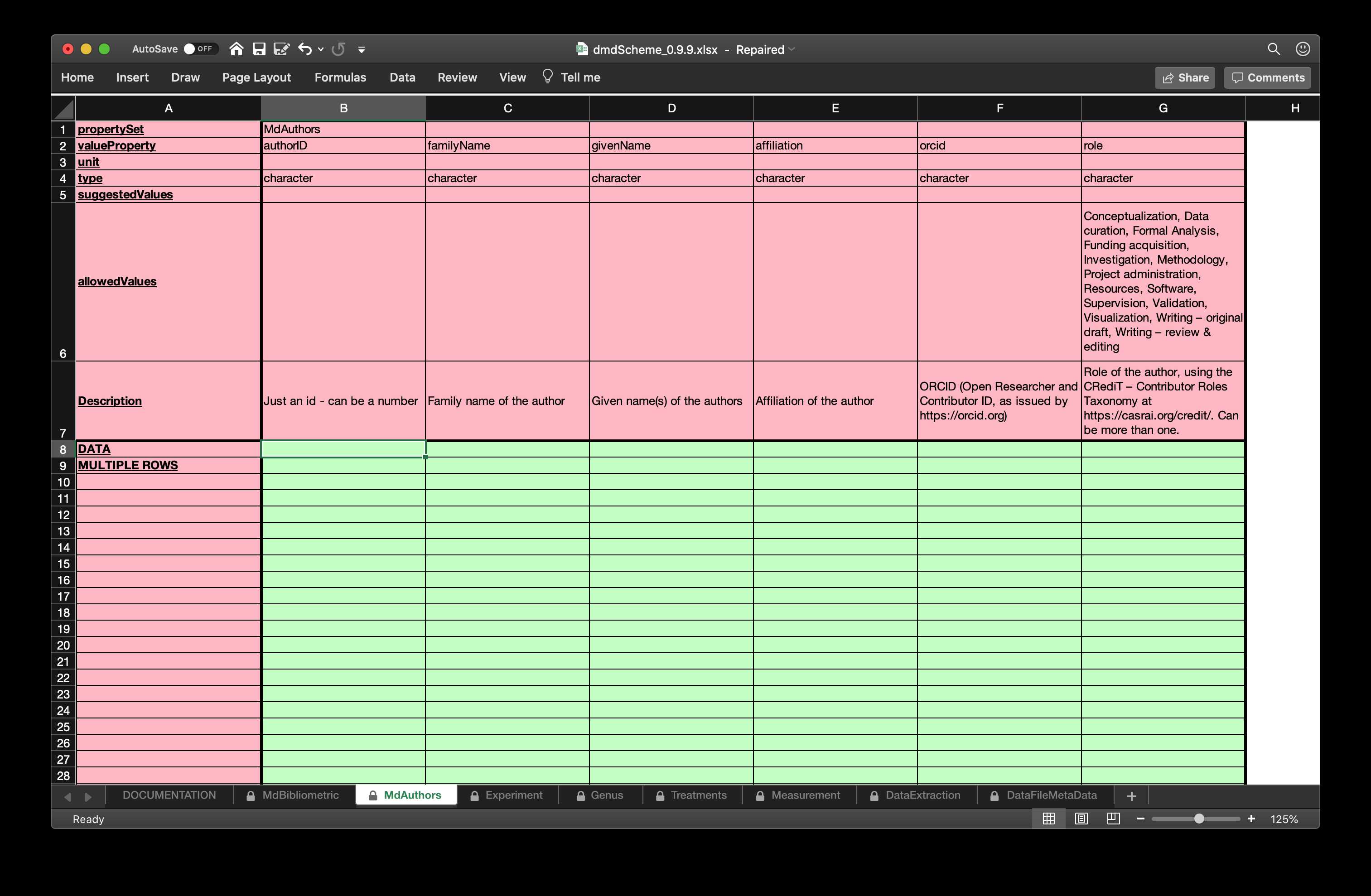 **Figure 3**: Some example tabs from the `emeScheme` spreadsheet. The first to contains bibliometric metadata modelled along the requirements by DataCite and the authors in the second tab. The third one contains metadata about the Species used in the experiment. The complete spreadsheet can be found in the supplemental material `emeScheme.xlsx`.