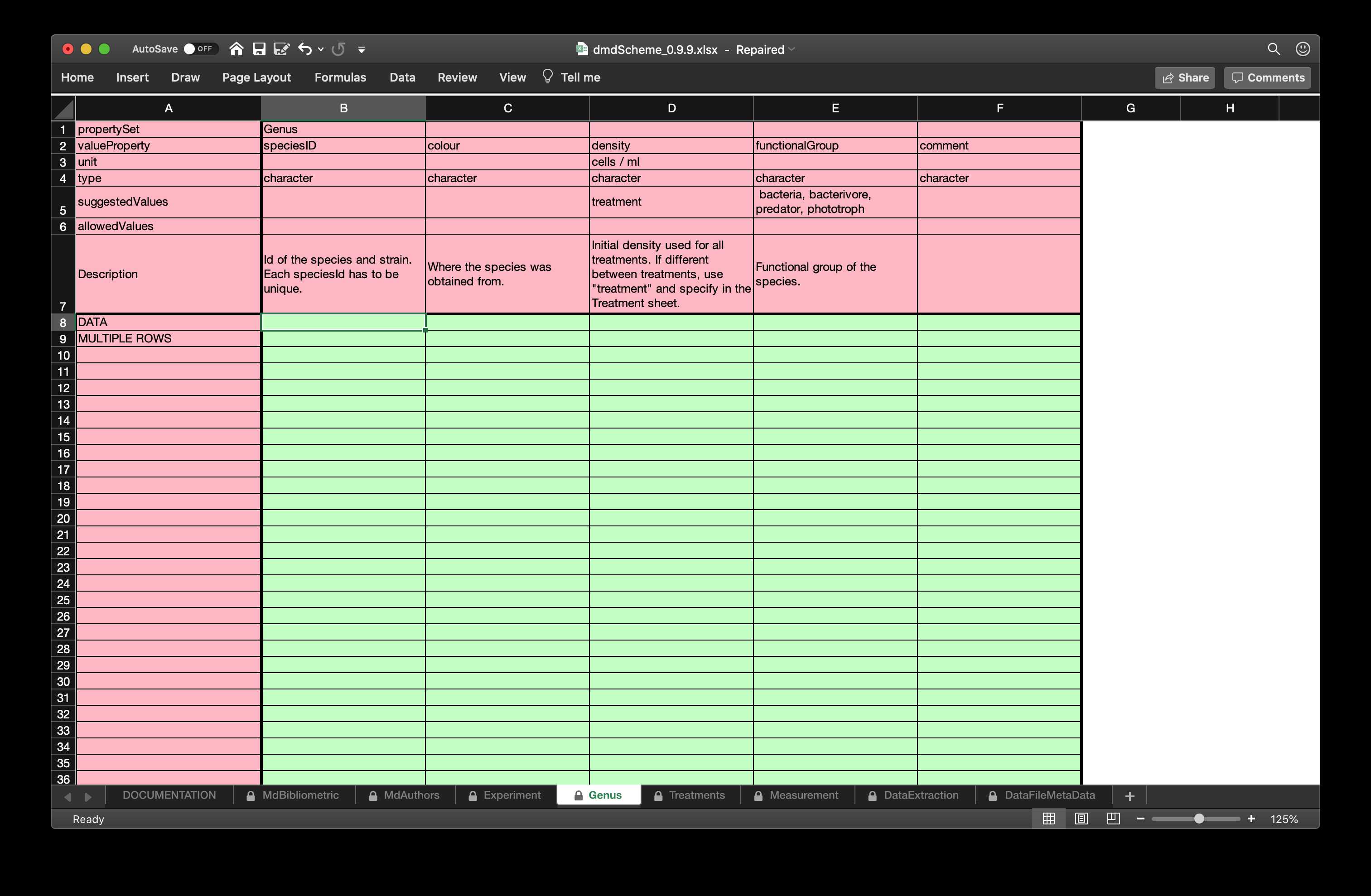 **Figure 3**: Some example tabs from the `emeScheme` spreadsheet. The first to contains bibliometric metadata modelled along the requirements by DataCite and the authors in the second tab. The third one contains metadata about the Species used in the experiment. The complete spreadsheet can be found in the supplemental material `emeScheme.xlsx`.